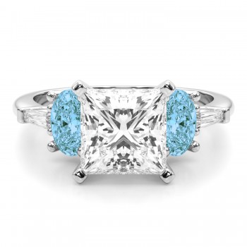 Princess Cut Lab Grown Diamond & Oval Blue Topaz Engagement Ring 14K White Gold (4.18ct)