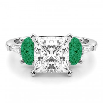 Princess Cut Lab Grown Diamond & Oval Emerald Engagement Ring 14K White Gold (3.98ct)