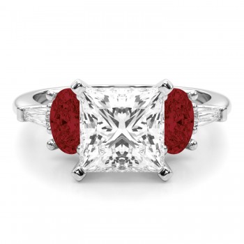 Princess Cut Lab Grown Diamond & Oval Garnet Engagement Ring 14K White Gold (4.18ct)