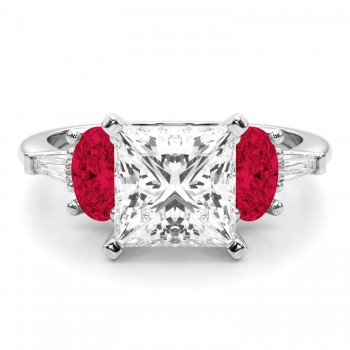 Princess Cut Lab Grown Diamond & Oval Ruby Engagement Ring 14K White Gold (4.24ct)