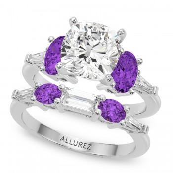 Cushion Lab Grown Diamond & Oval Amethyst Bridal Set 14K White Gold (4.65ct)