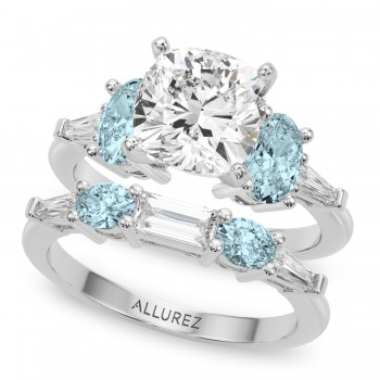 Cushion Lab Grown Diamond & Oval Aquamarine Bridal Set 14K White Gold (4.65ct)