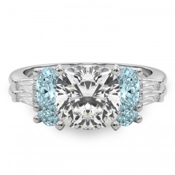 Cushion Lab Grown Diamond & Oval Aquamarine Bridal Set 14K White Gold (4.65ct)