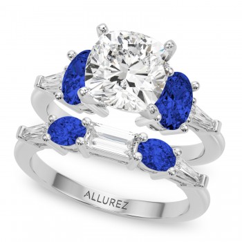 Cushion Lab Grown Diamond & Oval Blue Sapphire Bridal Set 14K White Gold (5.17ct)