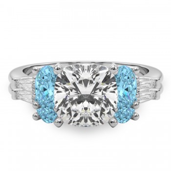 Cushion Lab Grown Diamond & Oval Blue Topaz Bridal Set 14K White Gold (4.97ct)