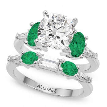 Cushion Lab Grown Diamond & Oval Emerald Bridal Set 14K White Gold (4.65ct)