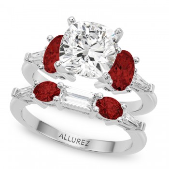 Cushion Lab Grown Diamond & Oval Garnet Bridal Set 14K White Gold (4.97ct)