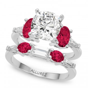 Cushion Lab Grown Diamond & Oval Ruby Bridal Set 14K White Gold (5.09ct)