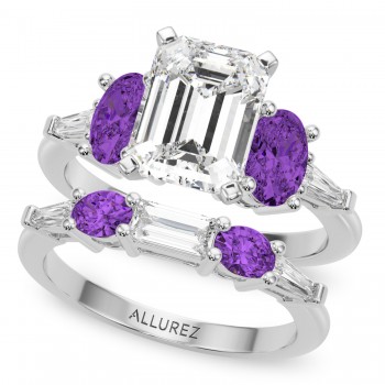 Emerald Cut Lab Grown Diamond & Oval Amethyst Bridal Set 14K White Gold (4.65ct)