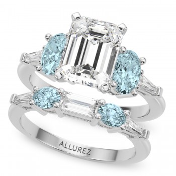 Emerald Cut Lab Grown Diamond & Oval Aquamarine Bridal Set 14K White Gold (4.65ct)