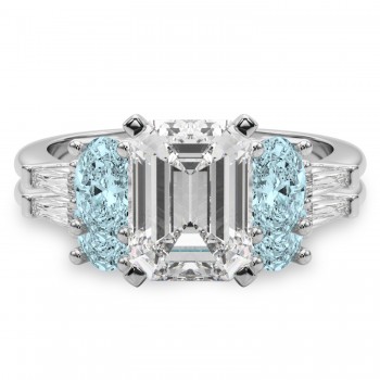 Emerald Cut Lab Grown Diamond & Oval Aquamarine Bridal Set 14K White Gold (4.65ct)