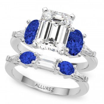 Emerald Cut Lab Grown Diamond & Oval Blue Sapphire Bridal Set 14K White Gold (5.17ct)