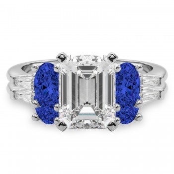 Emerald Cut Lab Grown Diamond & Oval Blue Sapphire Bridal Set 14K White Gold (5.17ct)
