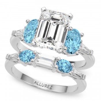 Emerald Cut Lab Grown Diamond & Oval Blue Topaz Bridal Set 14K White Gold (4.97ct)