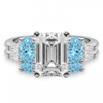 Emerald Cut Lab Grown Diamond & Oval Blue Topaz Bridal Set 14K White Gold (4.97ct)