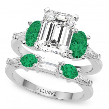 Emerald Cut Lab Grown Diamond & Oval Emerald Bridal Set 14K White Gold (4.65ct)
