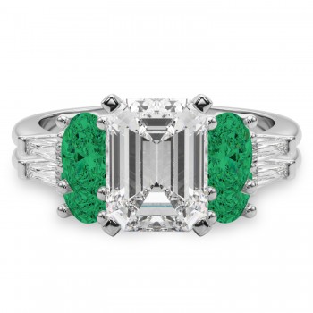 Emerald Cut Lab Grown Diamond & Oval Emerald Bridal Set 14K White Gold (4.65ct)