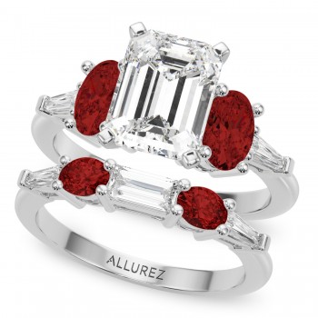 Emerald Cut Lab Grown Diamond & Oval Garnet Bridal Set 14K White Gold (4.97ct)