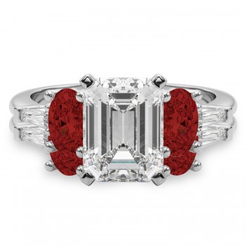 Emerald Cut Lab Grown Diamond & Oval Garnet Bridal Set 14K White Gold (4.97ct)