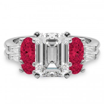 Emerald Cut Lab Grown Diamond & Oval Ruby Bridal Set 14K White Gold (5.09ct)