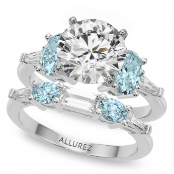 Round Lab Grown Diamond & Oval Aquamarine Bridal Set 14K White Gold (4.65ct)