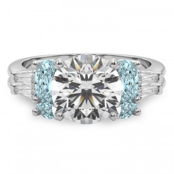 Round Lab Grown Diamond & Oval Aquamarine Bridal Set 14K White Gold (4.65ct)