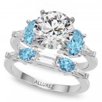 Round Lab Grown Diamond & Oval Blue Topaz Bridal Set 14K White Gold (4.97ct)