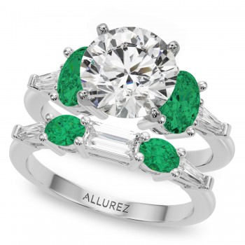 Round Lab Grown Diamond & Oval Emerald Bridal Set 14K White Gold (4.65ct)