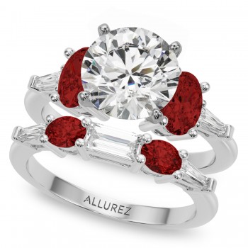 Round Lab Grown Diamond & Oval Garnet Bridal Set 14K White Gold (4.97ct)