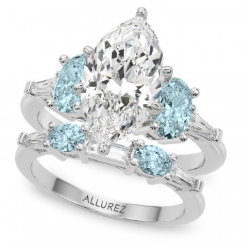 Marquise Lab Grown Diamond & Oval Aquamarine Bridal Set 14K White Gold (4.65ct)