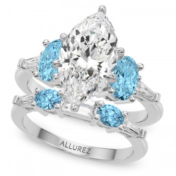 Marquise Lab Grown Diamond & Oval Blue Topaz Bridal Set 14K White Gold (4.97ct)