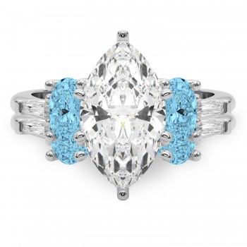 Marquise Lab Grown Diamond & Oval Blue Topaz Bridal Set 14K White Gold (4.97ct)