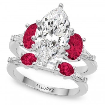 Marquise Lab Grown Diamond & Oval Ruby Bridal Set 14K White Gold (5.09ct)