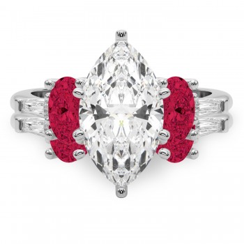 Marquise Lab Grown Diamond & Oval Ruby Bridal Set 14K White Gold (5.09ct)