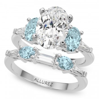 Oval Lab Grown Diamond & Aquamarine Bridal Set 14K White Gold (4.65ct)