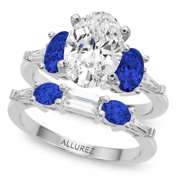 Oval Lab Grown Diamond & Blue Sapphire Bridal Set 14K White Gold (5.17ct)