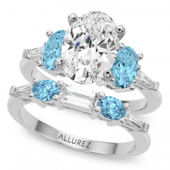 Oval Lab Grown Diamond & Blue Topaz Bridal Set 14K White Gold (4.97ct)
