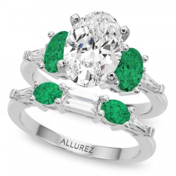Oval Lab Grown Diamond & Emerald Bridal Set 14K White Gold (4.65ct)