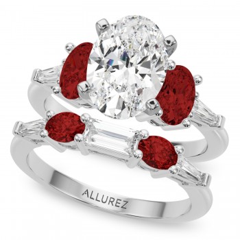 Oval Lab Grown Diamond & Garnet Bridal Set 14K White Gold (4.97ct)