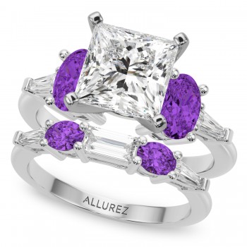 Princess Cut Lab Grown Diamond & Oval Amethyst Bridal Set 14K White Gold (4.65ct)