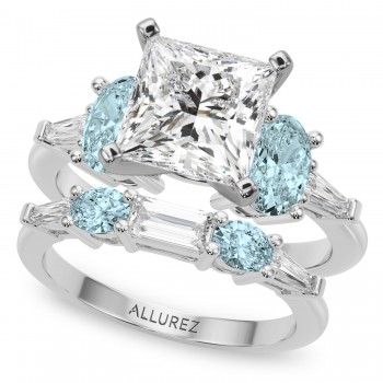 Princess Cut Lab Grown Diamond & Oval Aquamarine Bridal Set 14K White Gold (4.65ct)