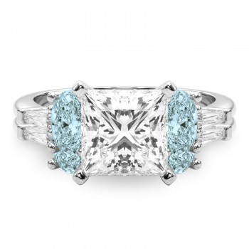 Princess Cut Lab Grown Diamond & Oval Aquamarine Bridal Set 14K White Gold (4.65ct)