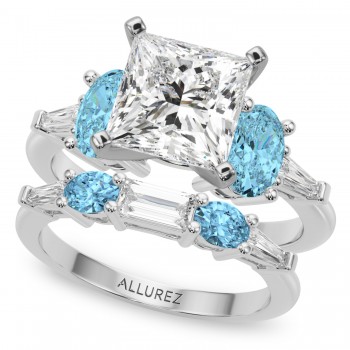 Princess Cut Lab Grown Diamond & Oval Blue Topaz Bridal Set 14K White Gold (4.97ct)