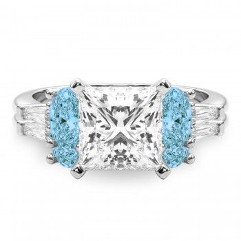 Princess Cut Lab Grown Diamond & Oval Blue Topaz Bridal Set 14K White Gold (4.97ct)