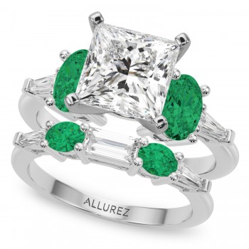 Princess Cut Lab Grown Diamond & Oval Emerald Bridal Set 14K White Gold (4.65ct)