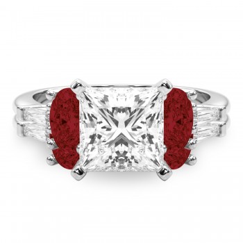 Princess Cut Lab Grown Diamond & Oval Garnet Bridal Set 14K White Gold (4.97ct)