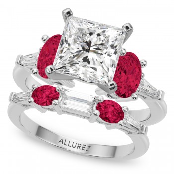Princess Cut Lab Grown Diamond & Oval Ruby Bridal Set 14K White Gold (5.09ct)
