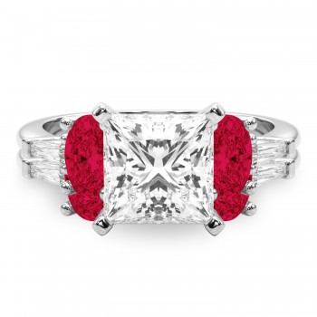 Princess Cut Lab Grown Diamond & Oval Ruby Bridal Set 14K White Gold (5.09ct)