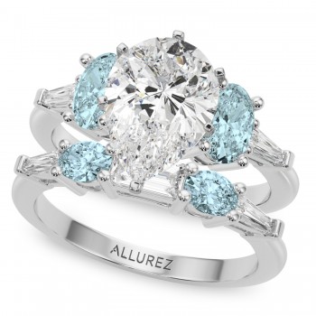 Pear Lab Grown Diamond & Oval Aquamarine Bridal Set 14K White Gold (4.65ct)