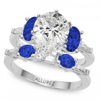 Pear Lab Grown Diamond & Oval Blue Sapphire Bridal Set 14K White Gold (5.17ct)